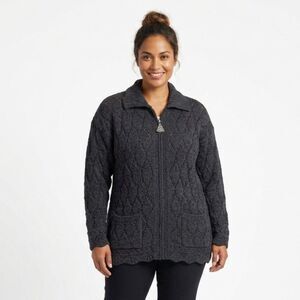 Aran Crafts Merino Wool Full Zip Cardigan Sweater Made in Ireland Charcoal Gray